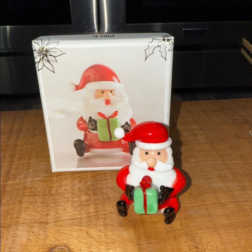 Pier 1 Glass Santa with Gift Box with Red and Green Details